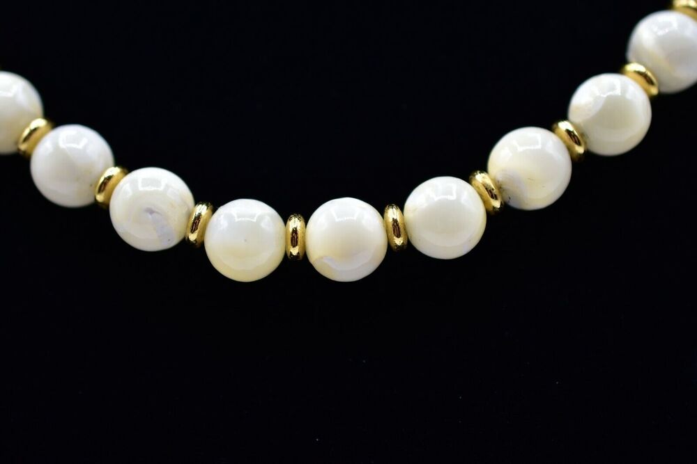 St. John Vintage Beaded Necklace Collar Mother Of Pearl Gold RARE Signed Bin1